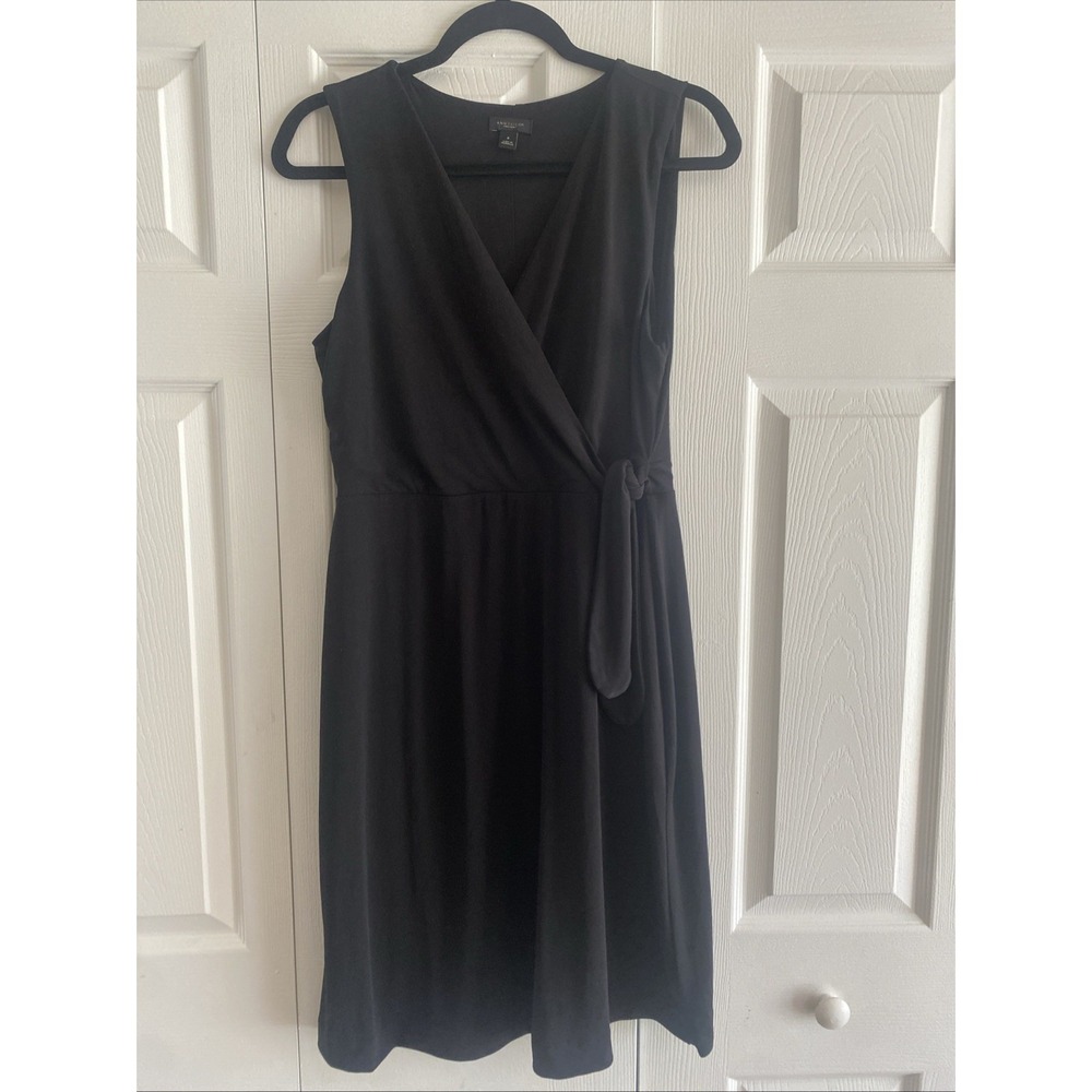 Ann Taylor Factory Faux Wrap Dress Womens Size M Black Sleeveless Jersey Spandex - Picture 2 of 7